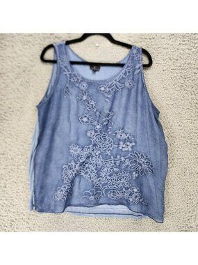Curations Top Womens XL Blue Floral Embroidered Sleeveless Tank *Read*